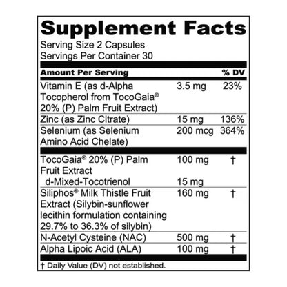 1MD Nutrition LiverMD Supplement Facts label with NAC milk thistle and antioxidants
