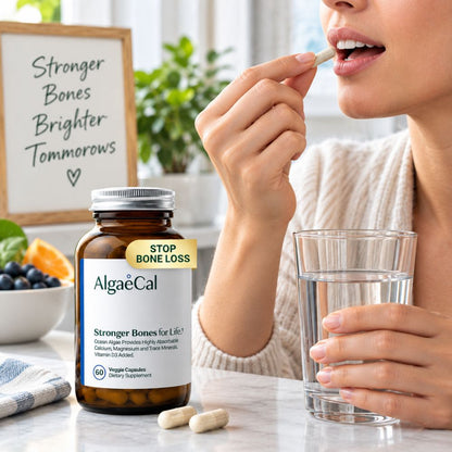 AlgaeCal calcium supplement shown as part of a daily wellness routine