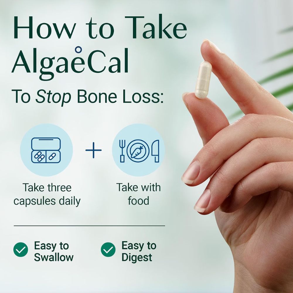 AlgaeCal daily use guide showing capsules taken with food