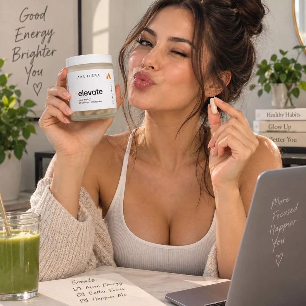 Avantera Elevate daily wellness supplement lifestyle with woman