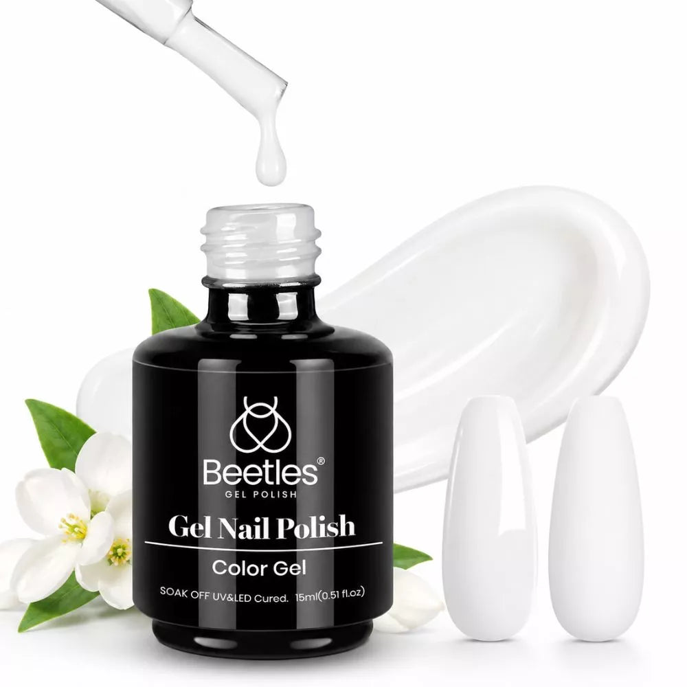 Beetles White Gel Nail Polish 15ml bottle with white gel swatch and floral nail art