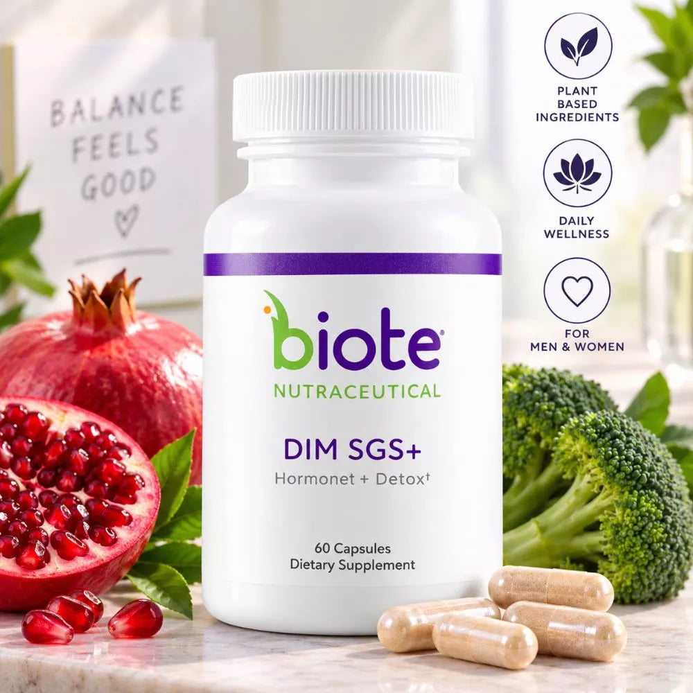 Biote DIM SGS+ 60 Capsules dietary supplement bottle with pomegranate and broccoli