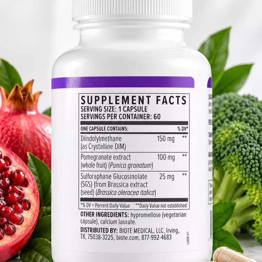 Biote DIM SGS+ supplement facts label showing DIM pomegranate and sulforaphane
