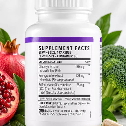 Biote DIM SGS+ supplement facts label showing DIM pomegranate and sulforaphane
