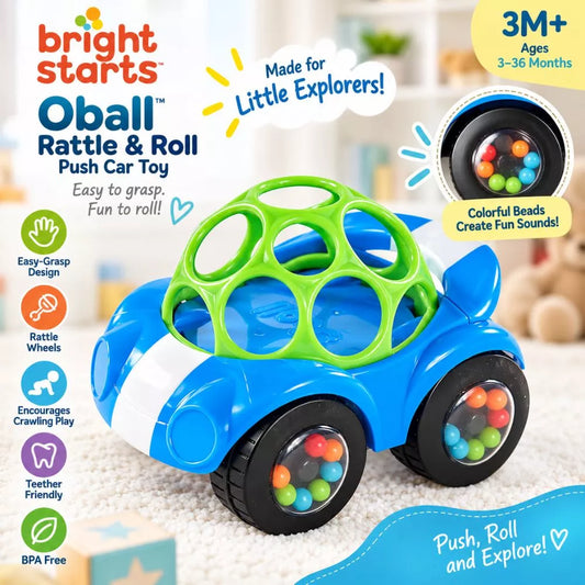 Bright Starts Oball Rattle and Roll Push Car Toy in blue and green
