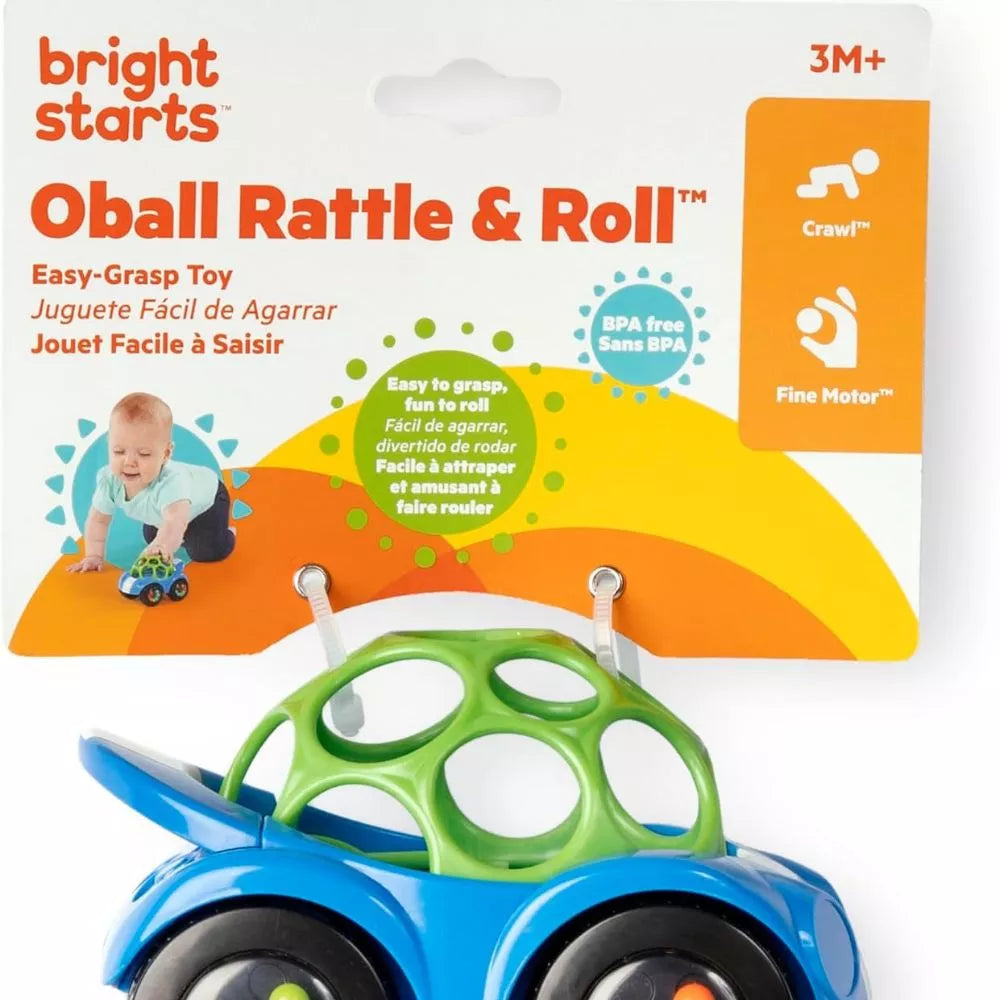 Bright Starts Oball Rattle and Roll Push Car Toy packaging showing 3M+ age and easy-grasp features