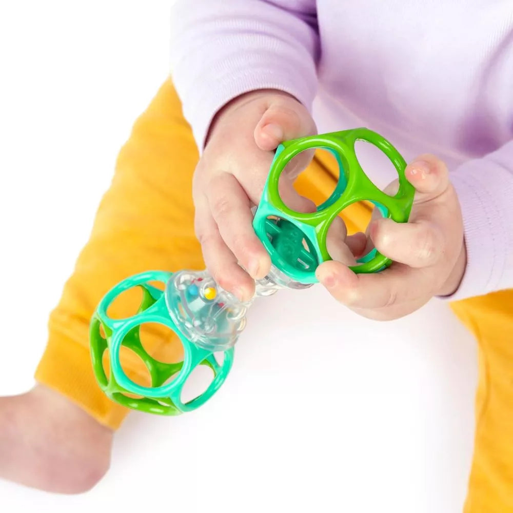 Bright Starts Oball Shaker Rattle Toy close-up showing flexible easy-grip Oball design and colorful beads