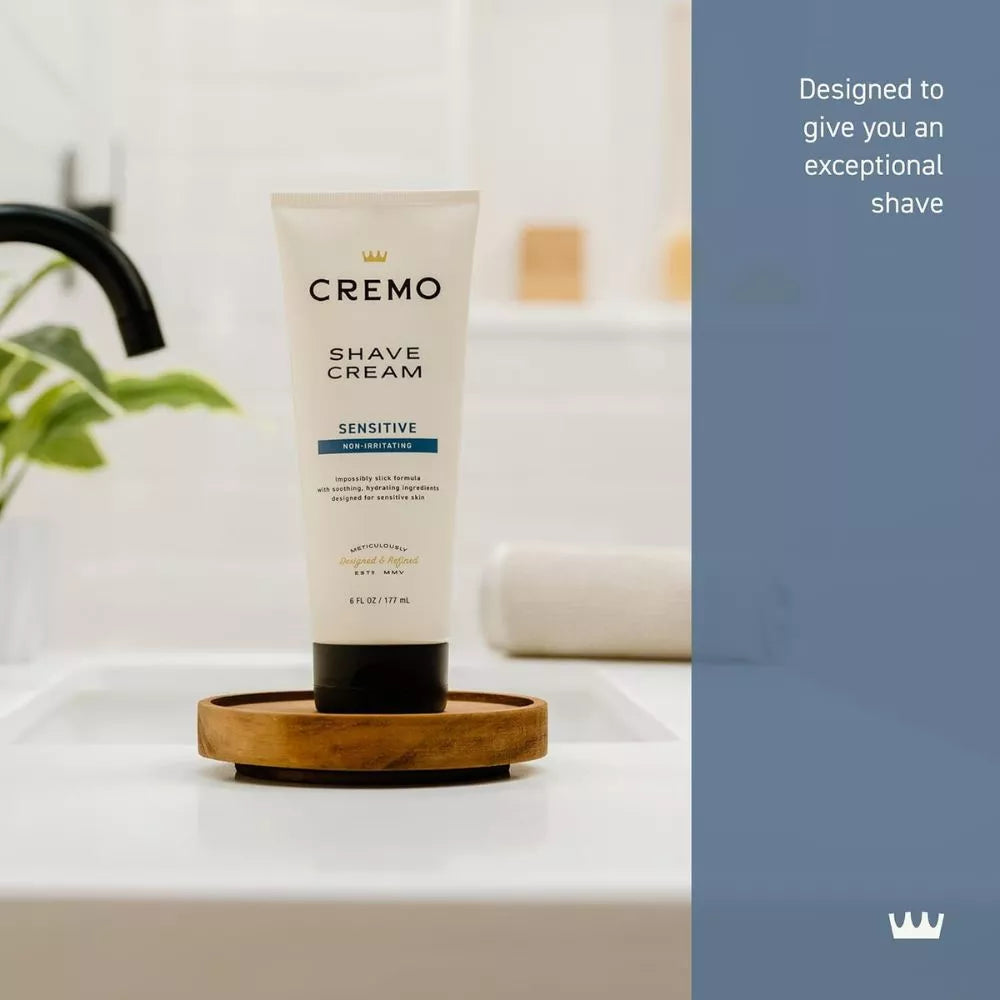 Cremo Sensitive Shave Cream 6 fl oz tube in bathroom setting