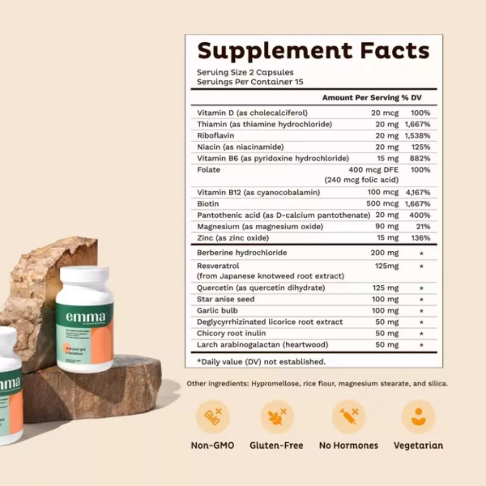 Emma Gut Health Supplement Facts with vitamins minerals and botanical ingredients