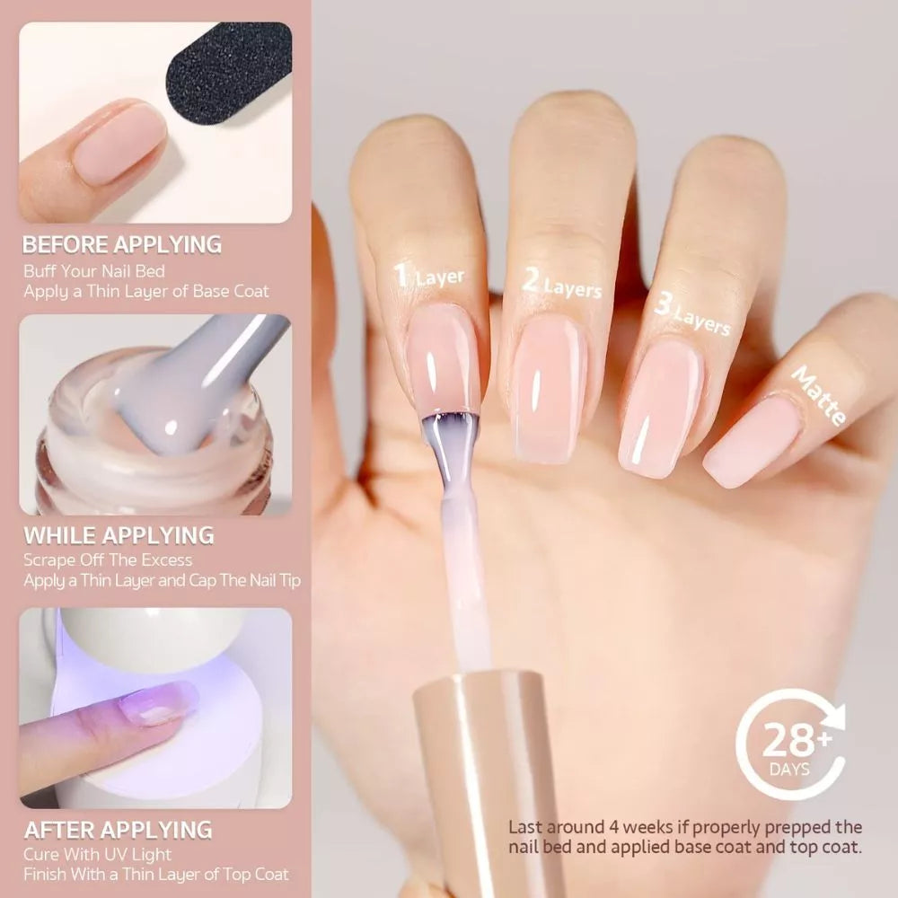 GAOY Milky Pink 1352 gel polish bottle with sheer pink nail swatches
