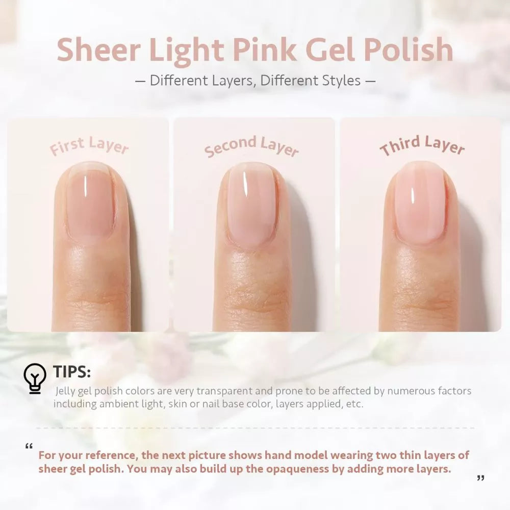 GAOY Sheer Light Pink Gel Polish showing one two and three layers