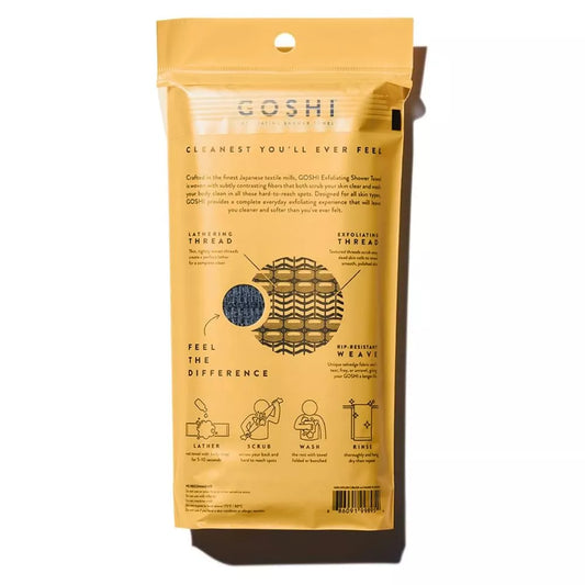 GOSHI Exfoliating Shower Towel Gray packaging back view