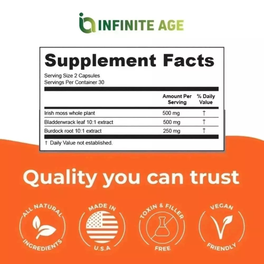 Infinite Age Sea Moss Advanced Supplement Facts and vegan capsule details