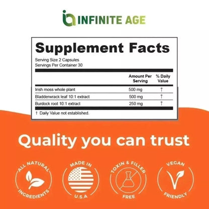 Infinite Age Sea Moss Advanced Supplement Facts and vegan capsule details