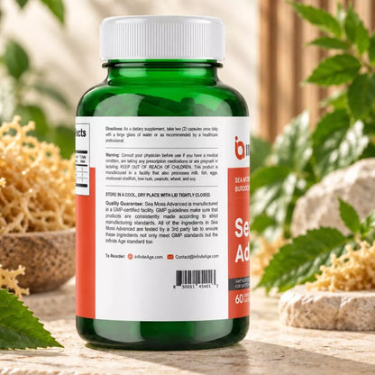 Infinite Age Sea Moss Advanced bottle showing directions and product information