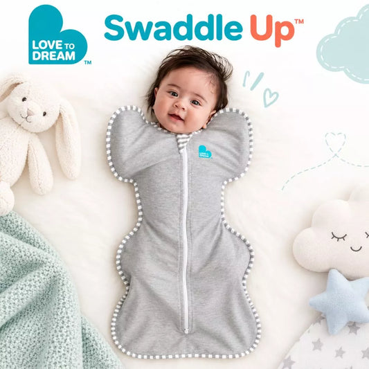 Love to Dream Swaddle Up 1.0 TOG gray baby sleep sack with Arms Up design
