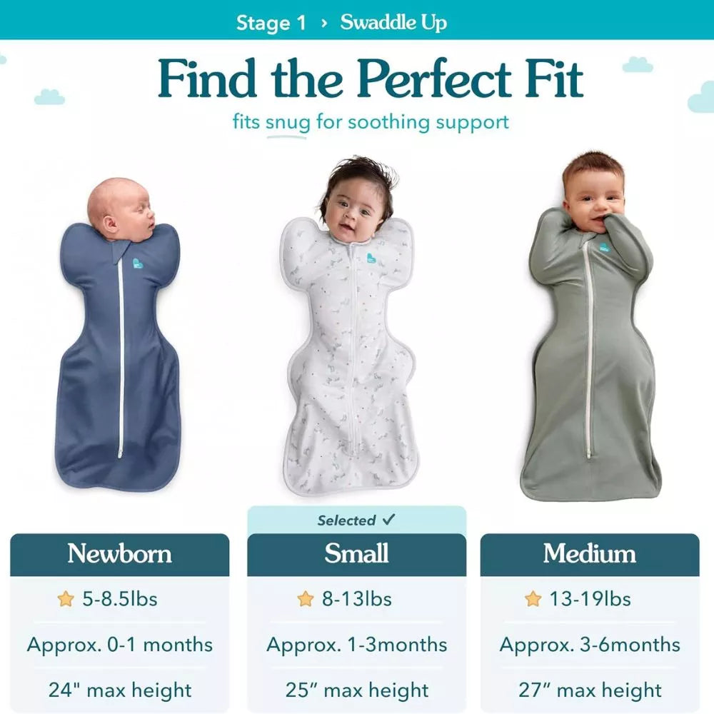 Love to Dream Swaddle Up size guide showing newborn, small and medium baby sizes