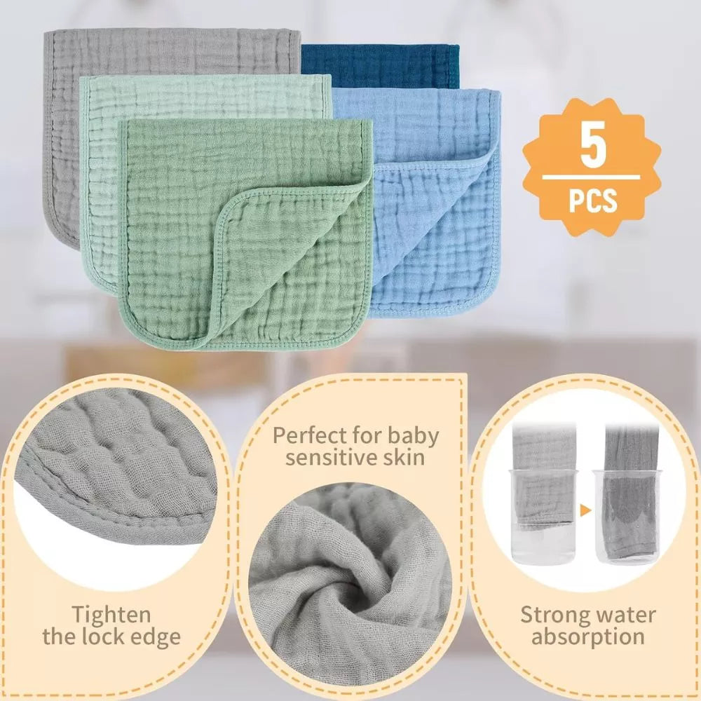 MIGIOL 5-pack baby burp cloths in blue and green showing soft muslin texture and absorbent design