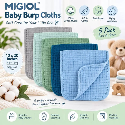 MIGIOL Baby Burp Cloths 5-pack in blue and green 100% cotton muslin with 10 x 20 inch size