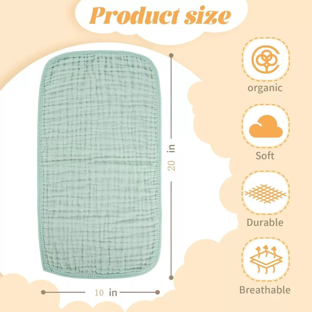 MIGIOL baby burp cloth showing 10 x 20 inch size and soft breathable cotton muslin features