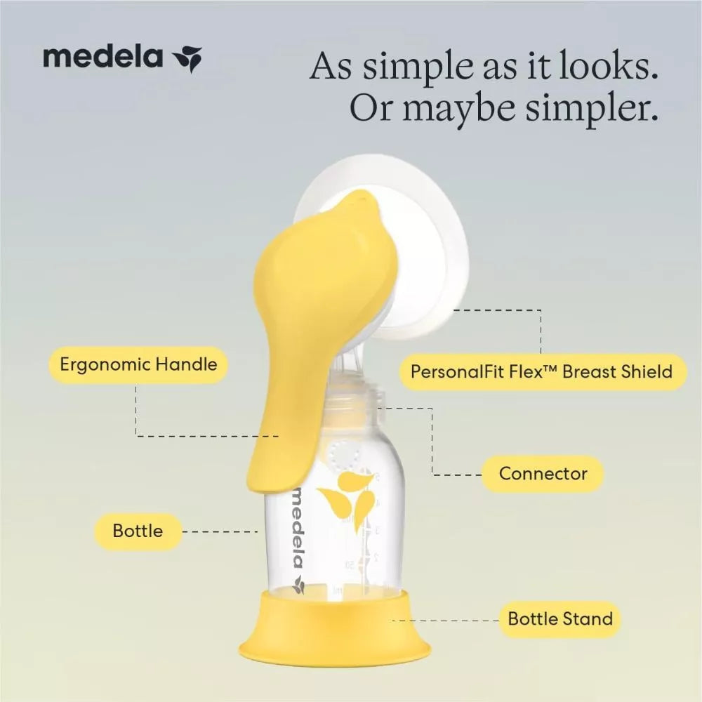 Medela Harmony manual breast pump showing ergonomic handle PersonalFit Flex breast shield and connector
