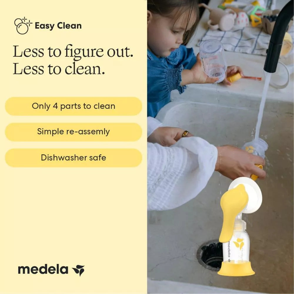 Medela Harmony manual breast pump with easy-clean four-part design and dishwasher-safe components