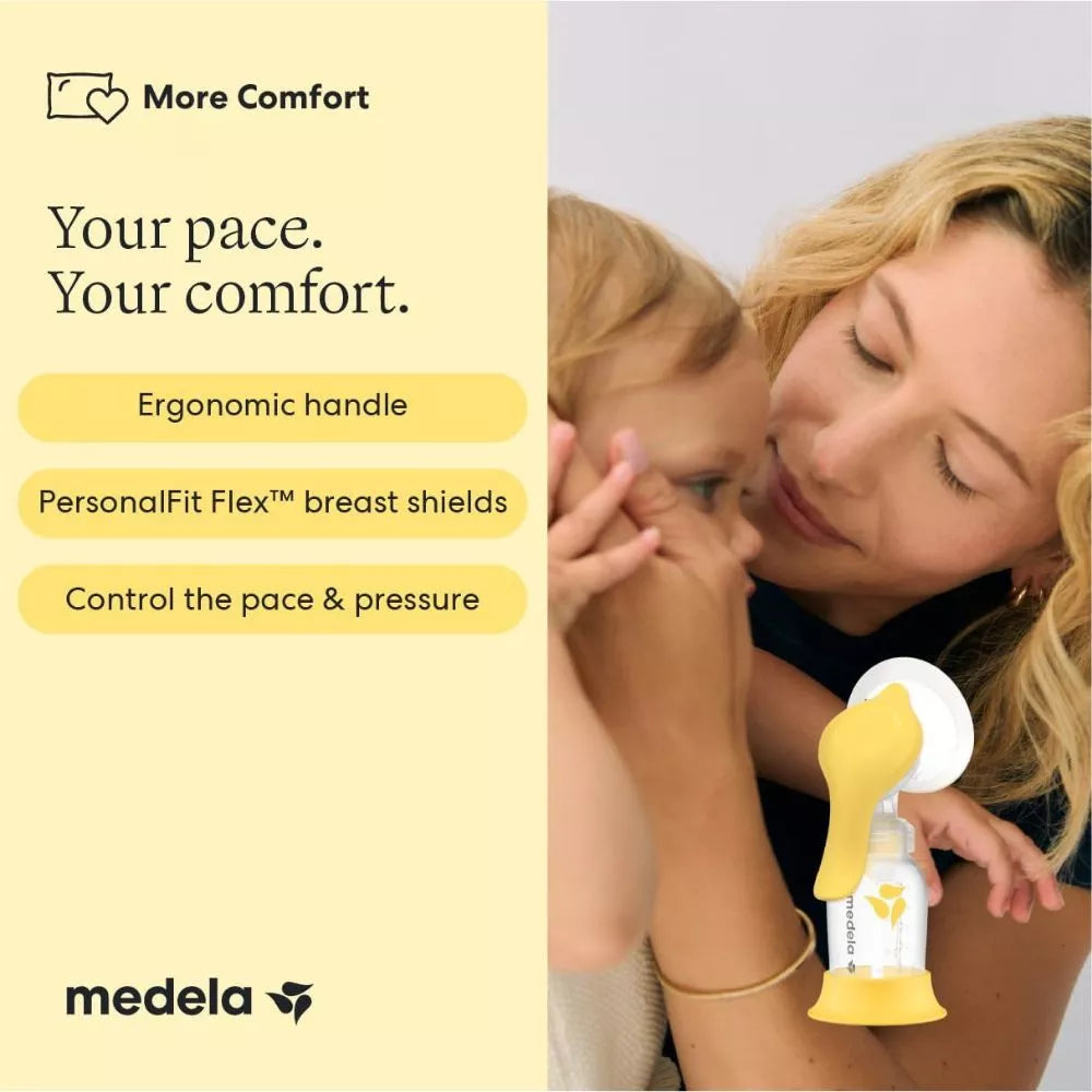 Medela Harmony manual breast pump with ergonomic handle and PersonalFit Flex breast shield for comfortable pumping