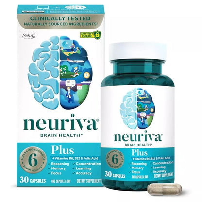 Neuriva Plus Brain Health Supplement box and bottle with B vitamins and phosphatidylserine