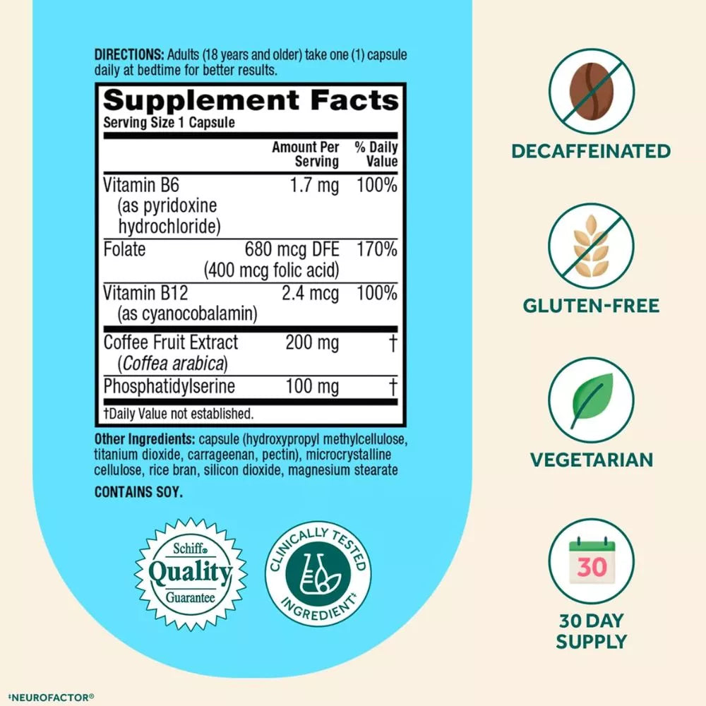 Neuriva Plus Supplement Facts with vitamin B6 B12 folate coffee fruit extract and phosphatidylserine
