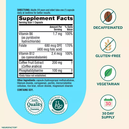 Neuriva Plus Supplement Facts with vitamin B6 B12 folate coffee fruit extract and phosphatidylserine