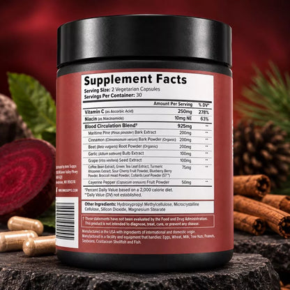 Nitro Wood Supplement Facts with vitamin C niacin and circulation blend