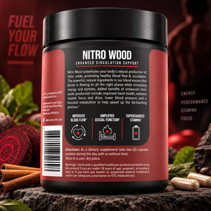 Nitro Wood circulation support supplement back label with directions and ingredients