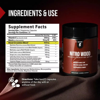 Nitro Wood ingredients and daily use information with circulation support formula