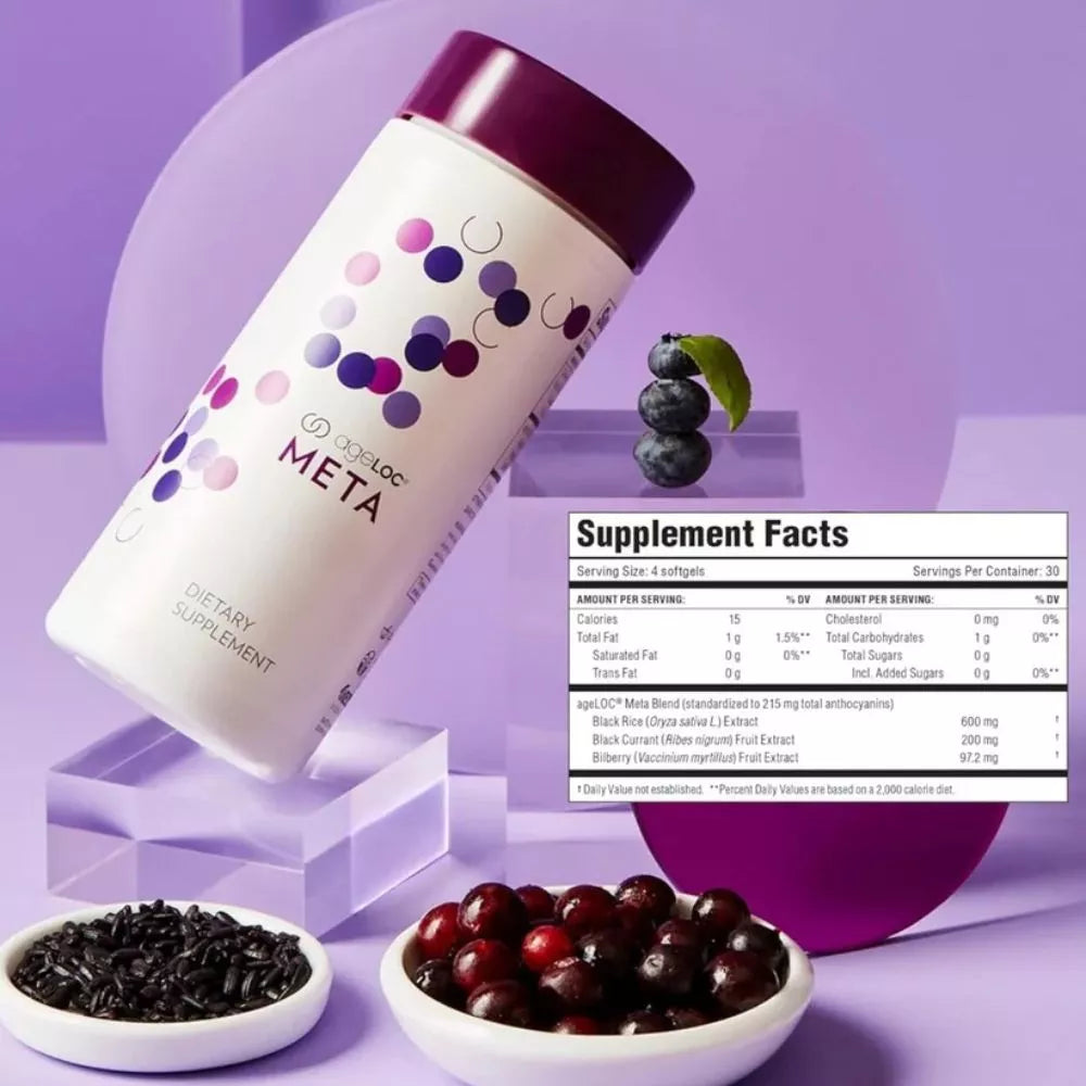 Nu Skin ageLOC Meta supplement bottle with black rice black currant and bilberry