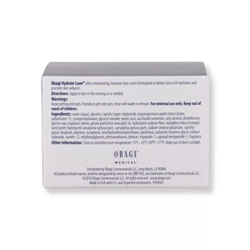 Obagi Hydrate Luxe Moisture-Rich Cream packaging back with ingredients