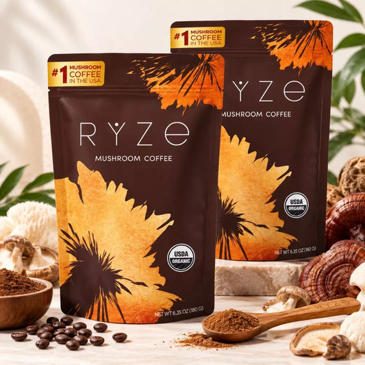 RYZE Mushroom Coffee 2 Pack with two organic mushroom coffee bags