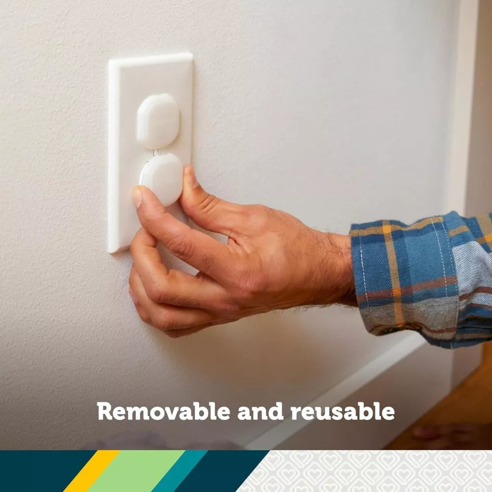 Safety 1st Plug Protectors installed in a wall outlet showing removable and reusable design