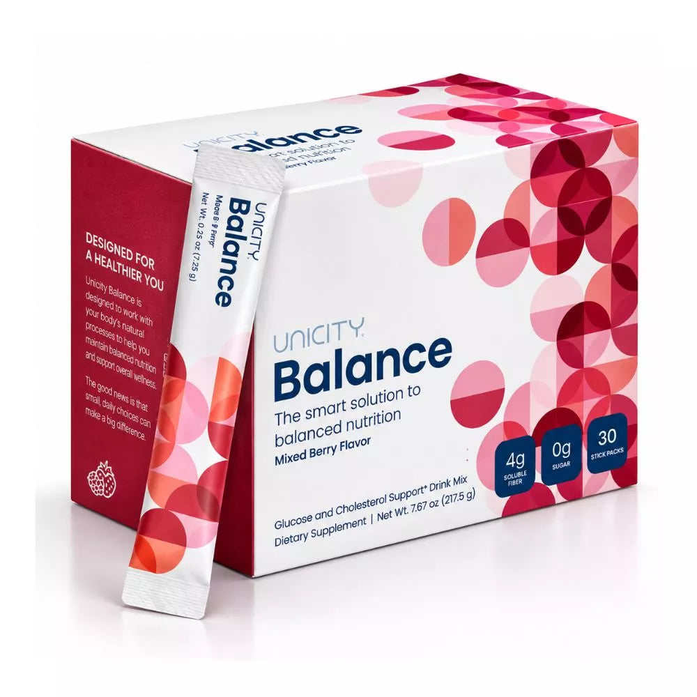 Unicity Balance Mixed Berry 30 stick packs product box and sachet