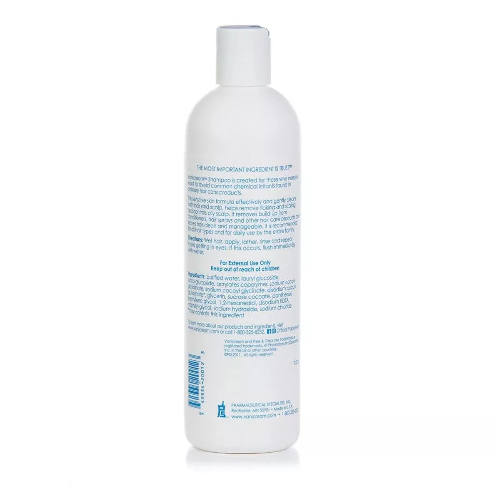 Vanicream Shampoo 12 fl oz bottle back label showing ingredients and product directions