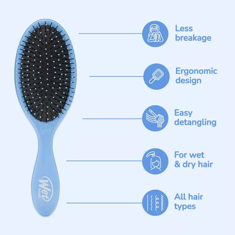 Wet Brush Original Detangler blue hair brush showing easy detangling and ergonomic design