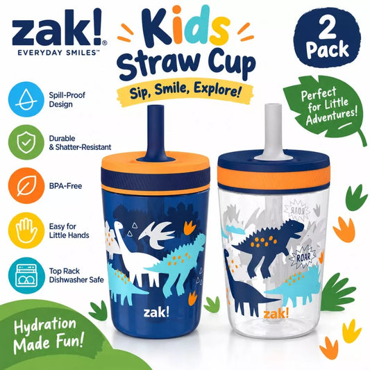 Zak Designs Kelso 15 oz kids straw cups 2-pack featuring DinoRoar and Zaksaurus dinosaur designs